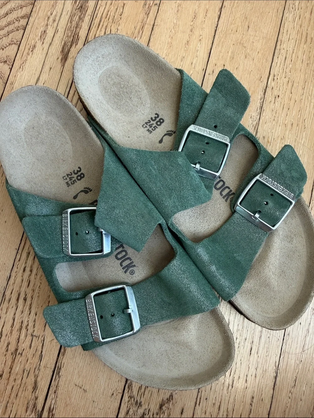 Birkenstock Arizona Suede Sandals in Forest Green with Silver Buckles Size 38